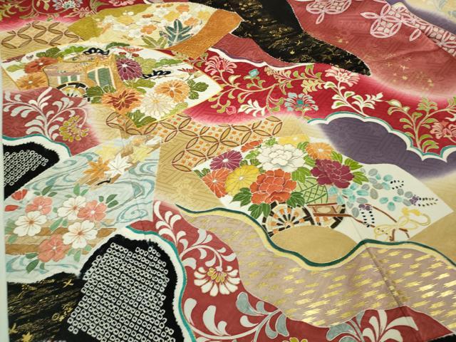 平和屋本店●極上　創業460年・千總　振袖　駒刺繍　地紙御所車花文　暈し染め　金彩　三越扱い　逸品　DZAB3549kh6
