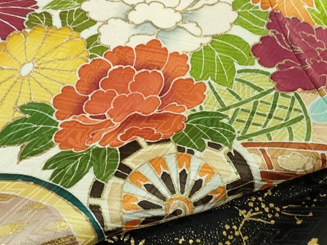 平和屋本店●極上　創業460年・千總　振袖　駒刺繍　地紙御所車花文　暈し染め　金彩　三越扱い　逸品　DZAB3549kh6