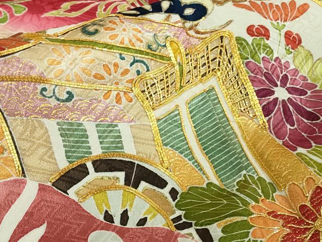 平和屋本店●極上　創業460年・千總　振袖　駒刺繍　地紙御所車花文　暈し染め　金彩　三越扱い　逸品　DZAB3549kh6