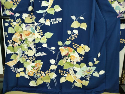 平和屋本店●極上　創業460年・千總　振袖　駒刺繍　扇面花文　紺青色地　金彩　三越扱い　逸品　DZAB3551kh6