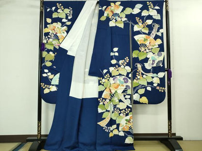 平和屋本店●極上　創業460年・千總　振袖　駒刺繍　扇面花文　紺青色地　金彩　三越扱い　逸品　DZAB3551kh6