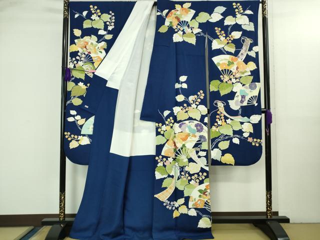 平和屋本店●極上　創業460年・千總　振袖　駒刺繍　扇面花文　紺青色地　金彩　三越扱い　逸品　DZAB3551kh6