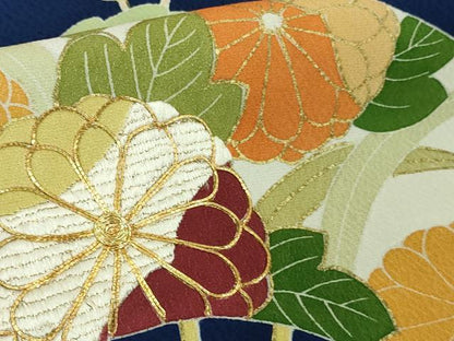 平和屋本店●極上　創業460年・千總　振袖　駒刺繍　扇面花文　紺青色地　金彩　三越扱い　逸品　DZAB3551kh6