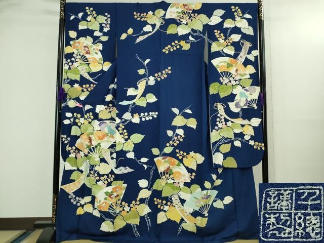 平和屋本店●極上　創業460年・千總　振袖　駒刺繍　扇面花文　紺青色地　金彩　三越扱い　逸品　DZAB3551kh6