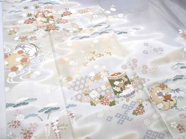 平和屋本店●極上　創業460年・千總　訪問着　駒刺繍　貝桶吉祥花文　藤鼠色地　暈し染め　金彩　三越扱い　逸品　DZAB3553kh6