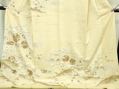 平和屋本店●極上 訪問着 駒刺繍 花丸吉祥立波文 鳥の子色地 金彩 ロング丈 逸品 DZAB3555kh6