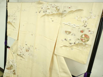 平和屋本店●極上 訪問着 駒刺繍 花丸吉祥立波文 鳥の子色地 金彩 ロング丈 逸品 DZAB3555kh6