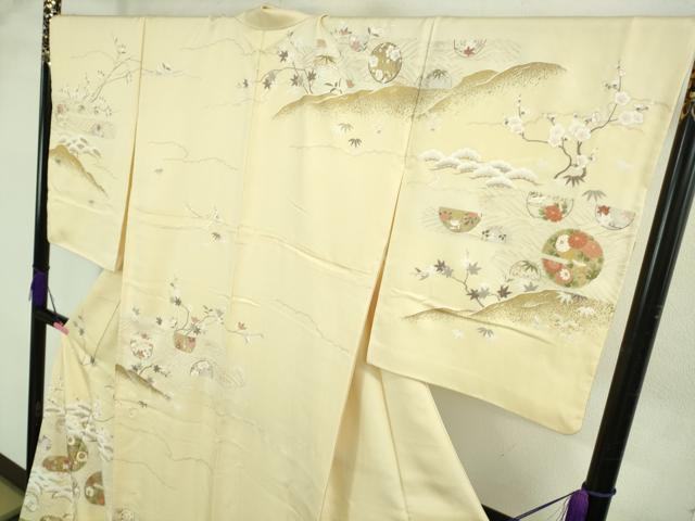 平和屋本店●極上 訪問着 駒刺繍 花丸吉祥立波文 鳥の子色地 金彩 ロング丈 逸品 DZAB3555kh6