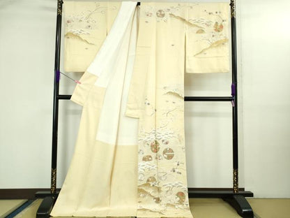 平和屋本店●極上 訪問着 駒刺繍 花丸吉祥立波文 鳥の子色地 金彩 ロング丈 逸品 DZAB3555kh6