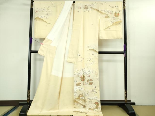 平和屋本店●極上 訪問着 駒刺繍 花丸吉祥立波文 鳥の子色地 金彩 ロング丈 逸品 DZAB3555kh6