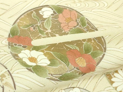 平和屋本店●極上 訪問着 駒刺繍 花丸吉祥立波文 鳥の子色地 金彩 ロング丈 逸品 DZAB3555kh6