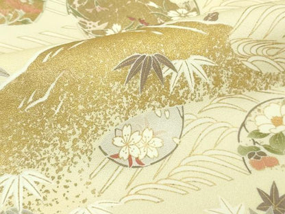 平和屋本店●極上 訪問着 駒刺繍 花丸吉祥立波文 鳥の子色地 金彩 ロング丈 逸品 DZAB3555kh6