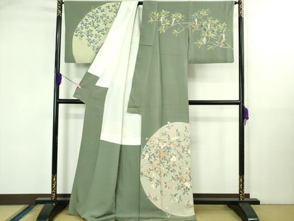 平和屋本店●極上　十日町　加賀草木友禅の第一人者　田村哲彦　訪問着　草花文　柳煤竹色地　逸品　DZAB3557kh6