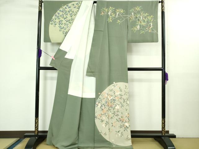 平和屋本店●極上　十日町　加賀草木友禅の第一人者　田村哲彦　訪問着　草花文　柳煤竹色地　逸品　DZAB3557kh6