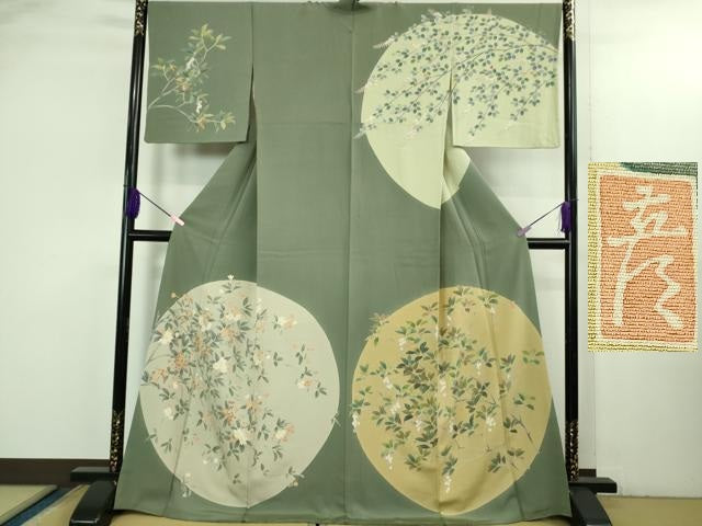 平和屋本店●極上　十日町　加賀草木友禅の第一人者　田村哲彦　訪問着　草花文　柳煤竹色地　逸品　DZAB3557kh6