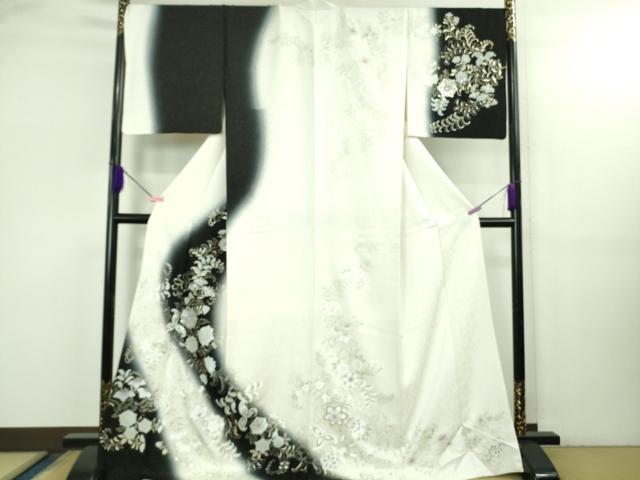 平和屋本店●極上　訪問着　花唐草文　暈し染め　金彩　銀通し地　白×黒　反端付き　ロング丈　逸品　DZAB3558kh6