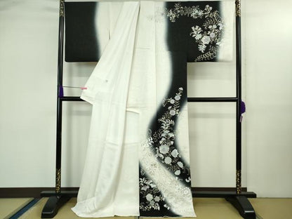 平和屋本店●極上　訪問着　花唐草文　暈し染め　金彩　銀通し地　白×黒　反端付き　ロング丈　逸品　DZAB3558kh6