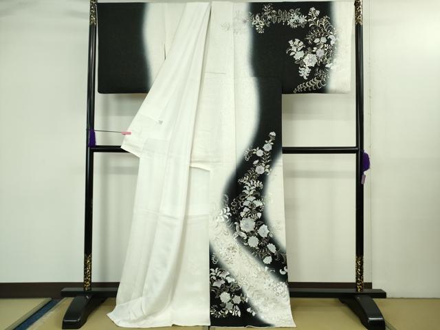 平和屋本店●極上　訪問着　花唐草文　暈し染め　金彩　銀通し地　白×黒　反端付き　ロング丈　逸品　DZAB3558kh6