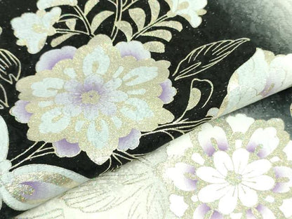平和屋本店●極上　訪問着　花唐草文　暈し染め　金彩　銀通し地　白×黒　反端付き　ロング丈　逸品　DZAB3558kh6