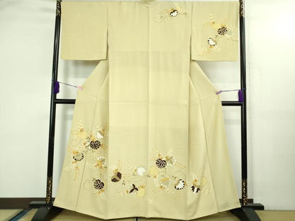 平和屋本店●極上　工芸キモノ野口　訪問着　駒刺繍　葵　白橡色地　縮緬地　金彩　逸品　DZAB3560kh6