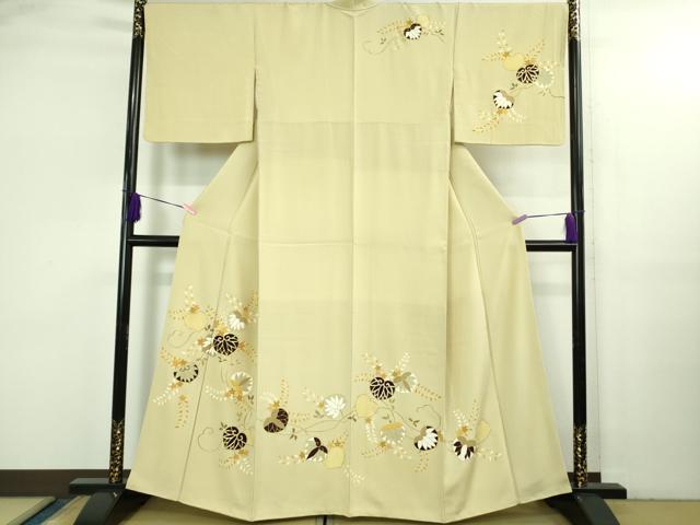 平和屋本店●極上　工芸キモノ野口　訪問着　駒刺繍　葵　白橡色地　縮緬地　金彩　逸品　DZAB3560kh6