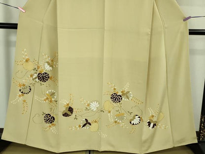 平和屋本店●極上　工芸キモノ野口　訪問着　駒刺繍　葵　白橡色地　縮緬地　金彩　逸品　DZAB3560kh6