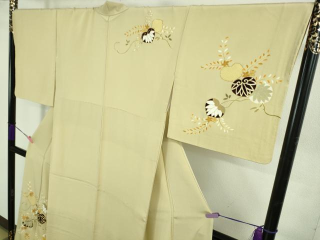 平和屋本店●極上　工芸キモノ野口　訪問着　駒刺繍　葵　白橡色地　縮緬地　金彩　逸品　DZAB3560kh6