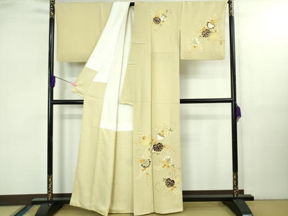 平和屋本店●極上　工芸キモノ野口　訪問着　駒刺繍　葵　白橡色地　縮緬地　金彩　逸品　DZAB3560kh6