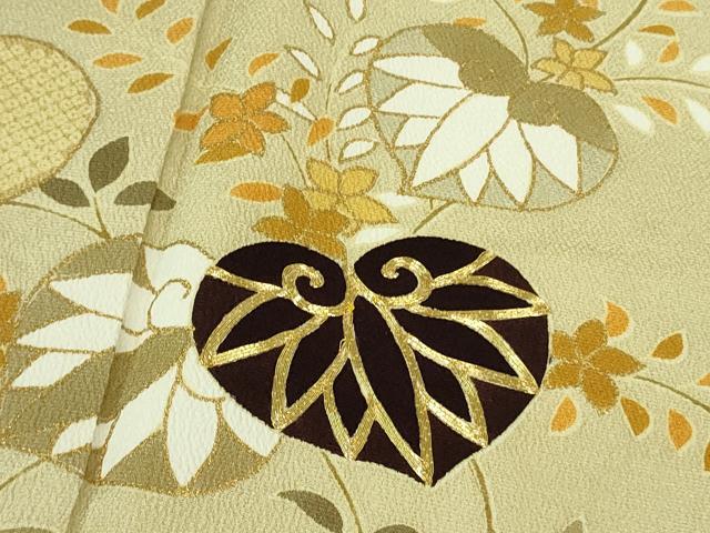 平和屋本店●極上　工芸キモノ野口　訪問着　駒刺繍　葵　白橡色地　縮緬地　金彩　逸品　DZAB3560kh6