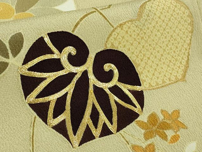 平和屋本店●極上　工芸キモノ野口　訪問着　駒刺繍　葵　白橡色地　縮緬地　金彩　逸品　DZAB3560kh6