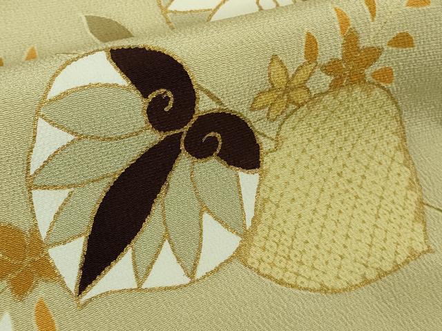平和屋本店●極上　工芸キモノ野口　訪問着　駒刺繍　葵　白橡色地　縮緬地　金彩　逸品　DZAB3560kh6