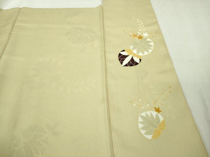 平和屋本店●極上　工芸キモノ野口　訪問着　駒刺繍　葵　白橡色地　縮緬地　金彩　逸品　DZAB3560kh6