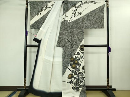平和屋本店●極上　人間国宝　森口華弘　蒔糊友禅　蒔糊散らし　訪問着　駒刺繍　菊梅文　金彩　逸品　DZAB3562kh6