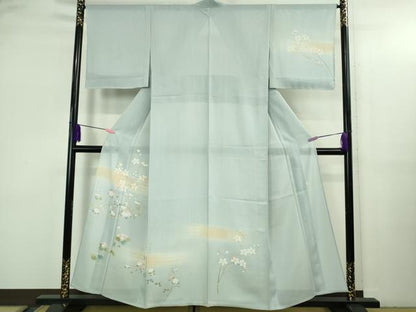 平和屋着物＊極上 夏物 訪問着 友禅 作家物 絽 枝花に小鳥 藍白色地 逸品 未使用 DZAB3564kh6