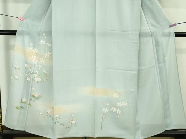 平和屋着物＊極上 夏物 訪問着 友禅 作家物 絽 枝花に小鳥 藍白色地 逸品 未使用 DZAB3564kh6