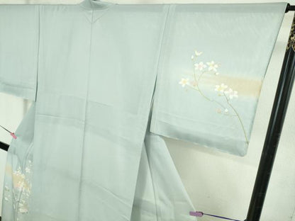 平和屋着物＊極上 夏物 訪問着 友禅 作家物 絽 枝花に小鳥 藍白色地 逸品 未使用 DZAB3564kh6