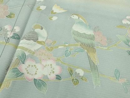 平和屋着物＊極上 夏物 訪問着 友禅 作家物 絽 枝花に小鳥 藍白色地 逸品 未使用 DZAB3564kh6