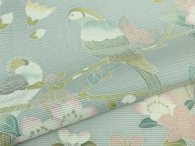 平和屋着物＊極上 夏物 訪問着 友禅 作家物 絽 枝花に小鳥 藍白色地 逸品 未使用 DZAB3564kh6