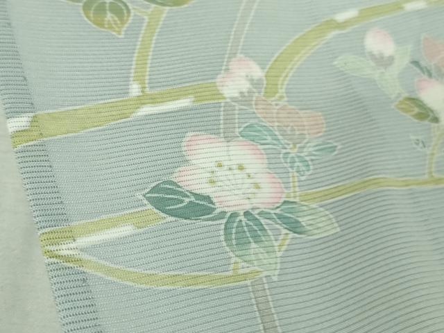 平和屋着物＊極上 夏物 訪問着 友禅 作家物 絽 枝花に小鳥 藍白色地 逸品 未使用 DZAB3564kh6