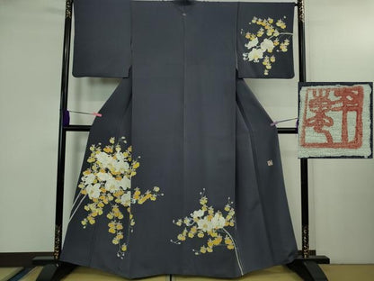 平和屋本店●希少　皆川月華　長女　日本画家　皆川千恵子　訪問着　刺繍　胡蝶蘭　深紫色地　金糸　逸品　DZAB3565kh6