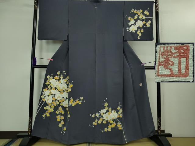 平和屋本店●希少　皆川月華　長女　日本画家　皆川千恵子　訪問着　刺繍　胡蝶蘭　深紫色地　金糸　逸品　DZAB3565kh6