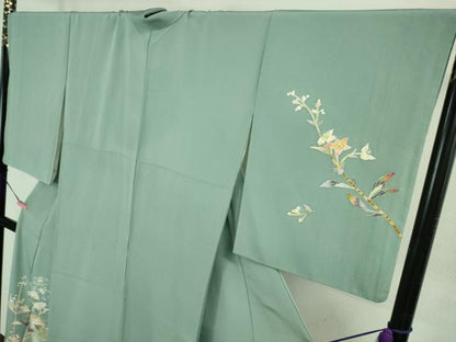 平和屋本店●極上 京加賀友禅 百貫石峰 訪問着 花篭文 暈し染め 千草色地 逸品 DZAB3566kh6