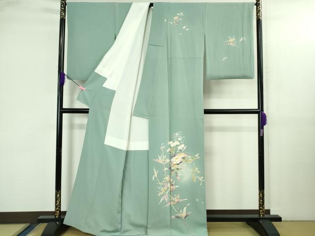 平和屋本店●極上 京加賀友禅 百貫石峰 訪問着 花篭文 暈し染め 千草色地 逸品 DZAB3566kh6