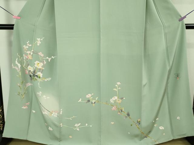 平和屋本店●極上 京加賀友禅 百貫石峰 訪問着 枝花文 暈し染め 錆青磁色地 逸品 DZAB3567kh6