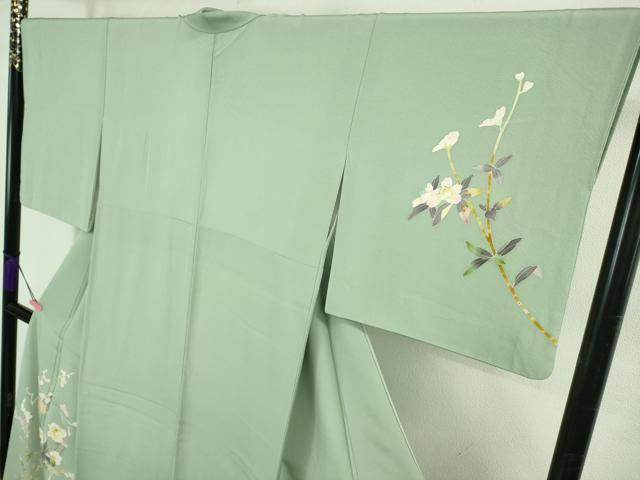 平和屋本店●極上 京加賀友禅 百貫石峰 訪問着 枝花文 暈し染め 錆青磁色地 逸品 DZAB3567kh6