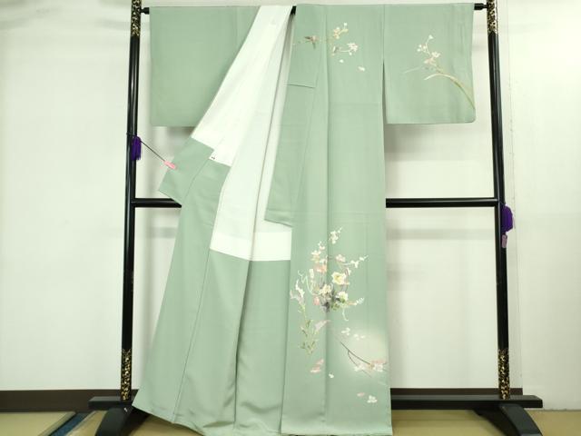 平和屋本店●極上 京加賀友禅 百貫石峰 訪問着 枝花文 暈し染め 錆青磁色地 逸品 DZAB3567kh6