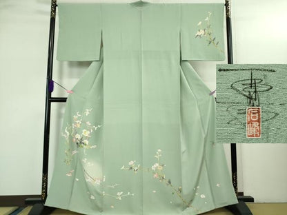 平和屋本店●極上 京加賀友禅 百貫石峰 訪問着 枝花文 暈し染め 錆青磁色地 逸品 DZAB3567kh6