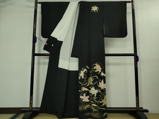 平和屋本店●極上　ジャパンオートクチュール　渡辺雪三郎　訪問着　刺繍　百合　黒地　金彩　大丸扱い　逸品　DZAB3571kh6