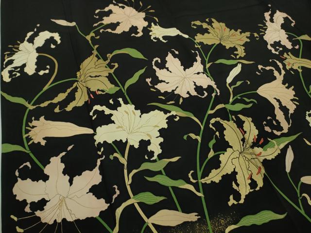 平和屋本店●極上　ジャパンオートクチュール　渡辺雪三郎　訪問着　刺繍　百合　黒地　金彩　大丸扱い　逸品　DZAB3571kh6