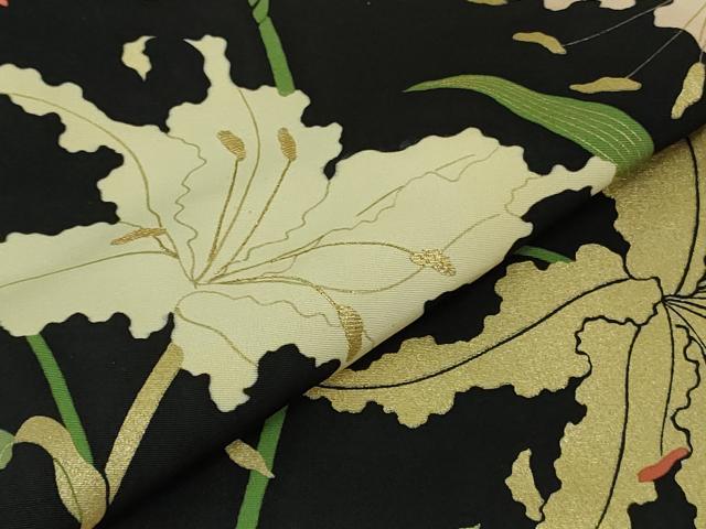 平和屋本店●極上　ジャパンオートクチュール　渡辺雪三郎　訪問着　刺繍　百合　黒地　金彩　大丸扱い　逸品　DZAB3571kh6